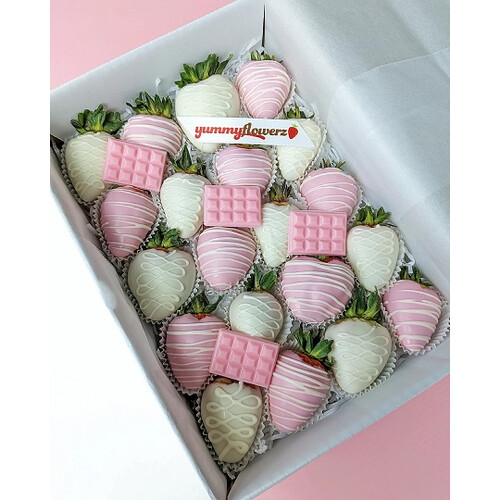 20pcs Pink & White with Mini Choc Bars Chocolate Strawberries Gift Box